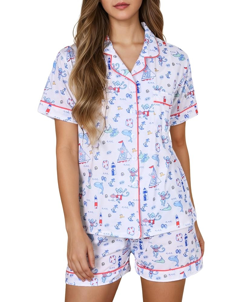 Womens Pajamas Set Trendy 2 Piece Button Down Monkey Bunny Beach Shorts Set Y2k Preppy Loungewear... | Amazon (US)