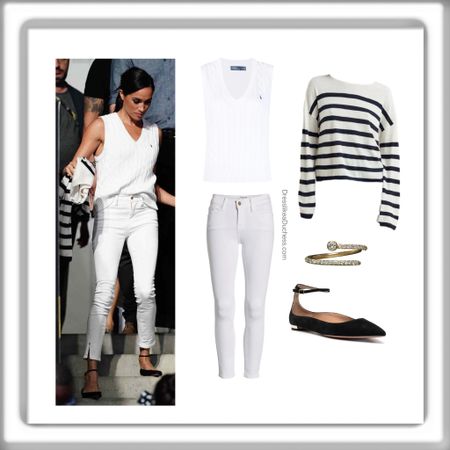 Meghan Markle wearing Ralph Lauren cable knit vest, La Ligne featherweight roll neck striped sweater, frame de Jeanne crop skinny jeans and Shiffon pinky ring 