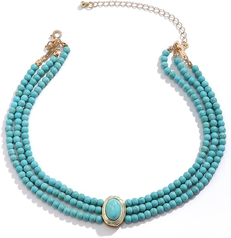 Faux Pearl Turquoise Beaded Choker Necklace - Dainty Layered Chain Gemstone Necklace Choker - Trendy Jewelry Gift for Women Wedding Birthday Graduation Banquet Anniversary Make-up Party Summer Beach Holiday (C) | Amazon (US)