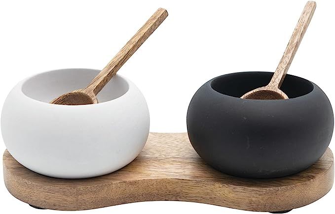 Bloomingville Mango Tray White Pinch Pot 2 Wood Spoons (Set of 5) Bowl, Black White & Natural, 5 | Amazon (US)