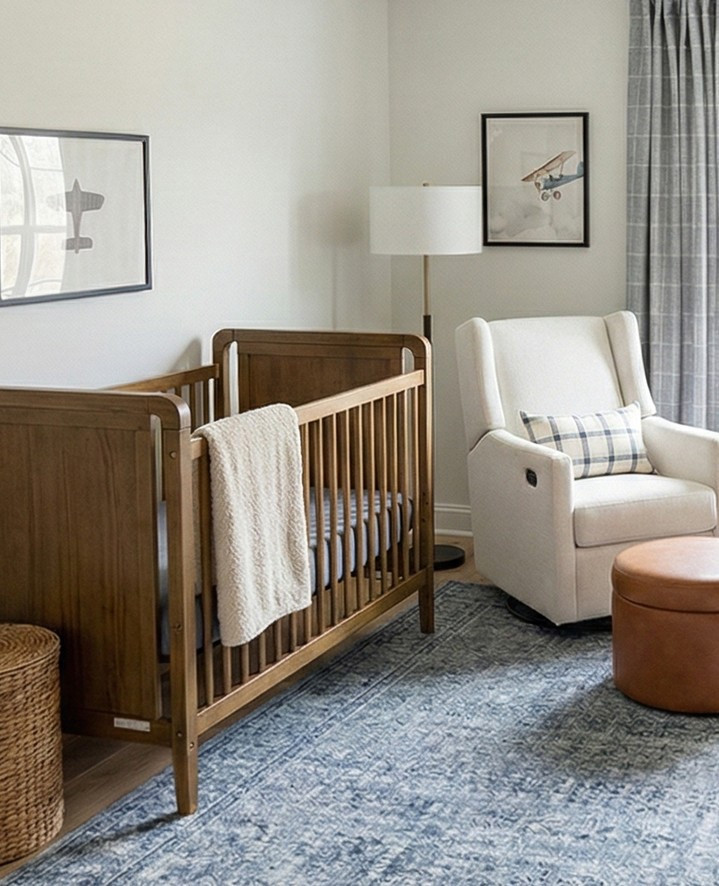 So many clients have been requesting warmer wood tones for nursery furniture lately. Pairing these tones with softer slate blues is more versatile than navy blue, and more sophisticated than baby blue. ⁠
⁠
The third image is the Virtual Design we created for the client (our Standard package includes a mood board), and the first two images are a rendering of how it will all look together.⁠

#LTKBump #LTKHome #LTKBaby