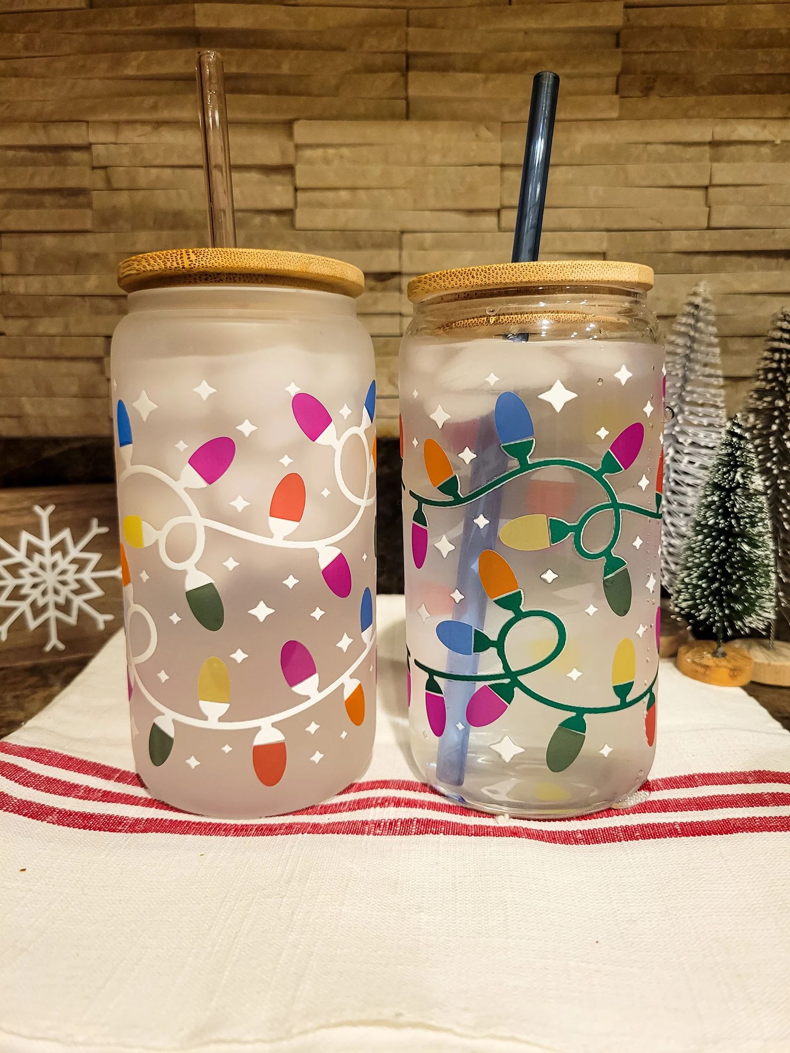 Color Changing Christmas Lights Iced Coffee Glass Can, Holiday Glass Coffee Cup with lid and stra... | Etsy (US)
