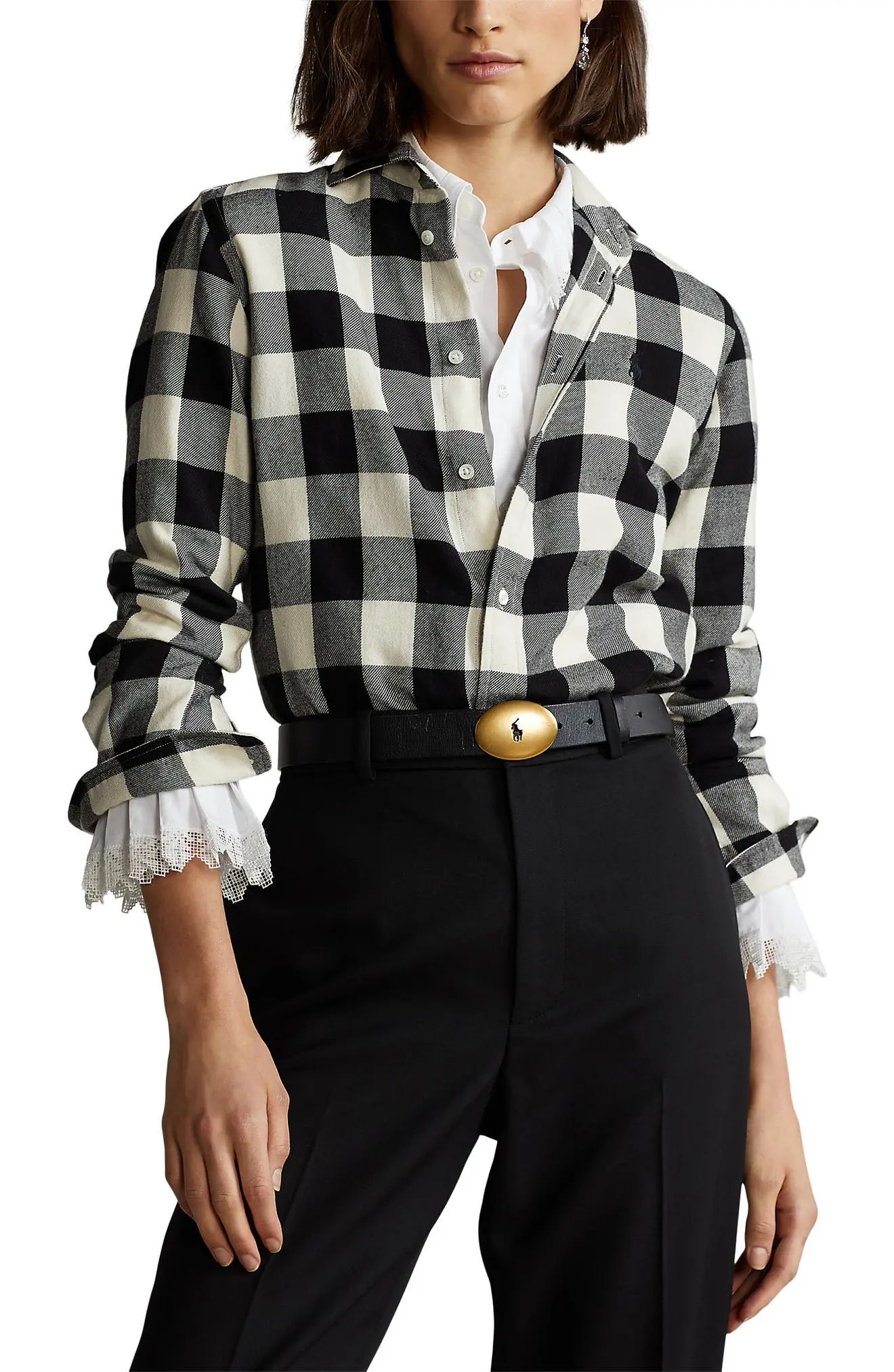Polo Ralph Lauren Georgia Buffalo Check Cotton Twill Shirt, Size X-Small in Cream/Black Buffalo at N | Nordstrom