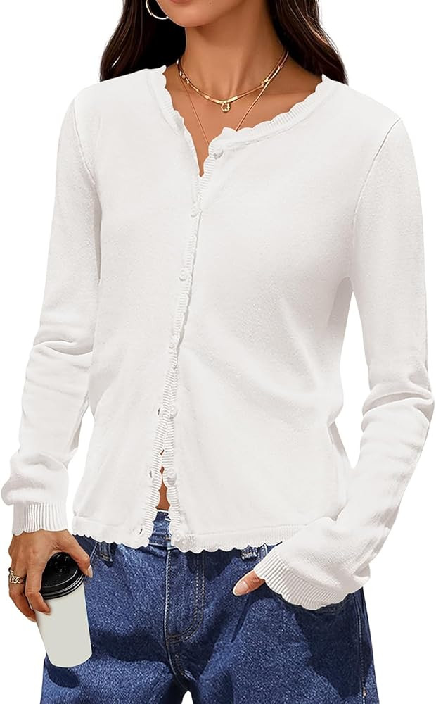 PRETTYGARDEN Long Sleeve Cardigan Sweaters for Women Lightweight Scalloped Ribbed Knit Sweater Wo... | Amazon (US)