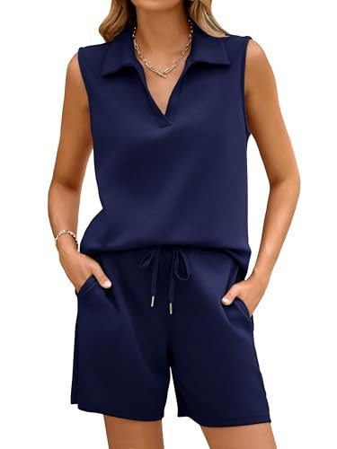 Glamaker Womens Two Piece Short Sets Summer Sleeveless Pullovers Tops and Drawstring High Waist Shorts with Pockets (Navy Blue L) | Amazon (US)