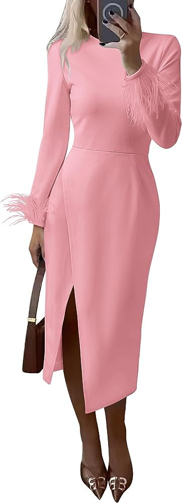 Womens Long Sleeve Wedding Guest Dress Long Sleeve Pink Midi Dress Pink Formal Dress Pink Amazon | Amazon (US)