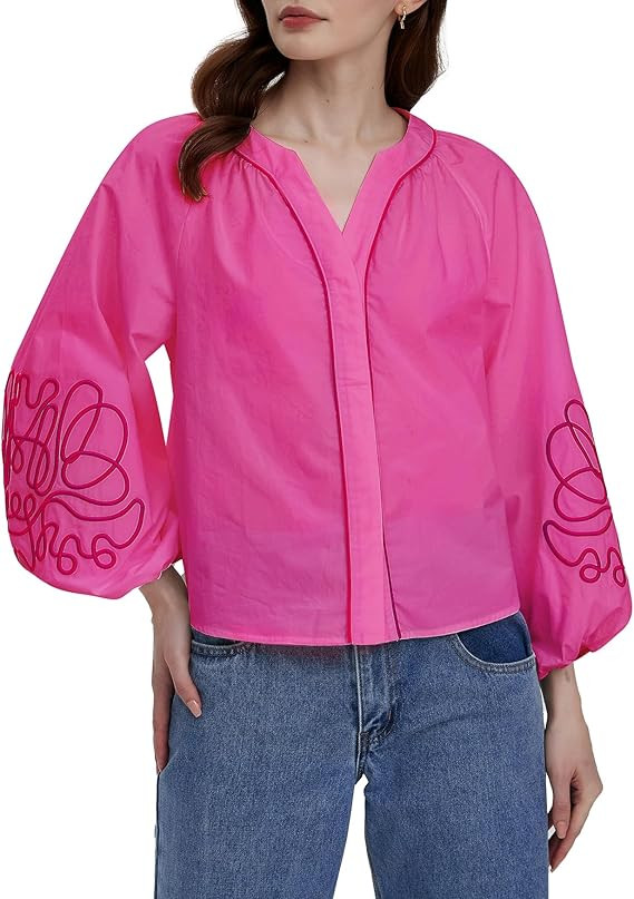 Kedera Women's Casual Floral Embroidered V Neck Blouses Boho Long Balloon Sleeve Mexican Shirts L... | Amazon (US)