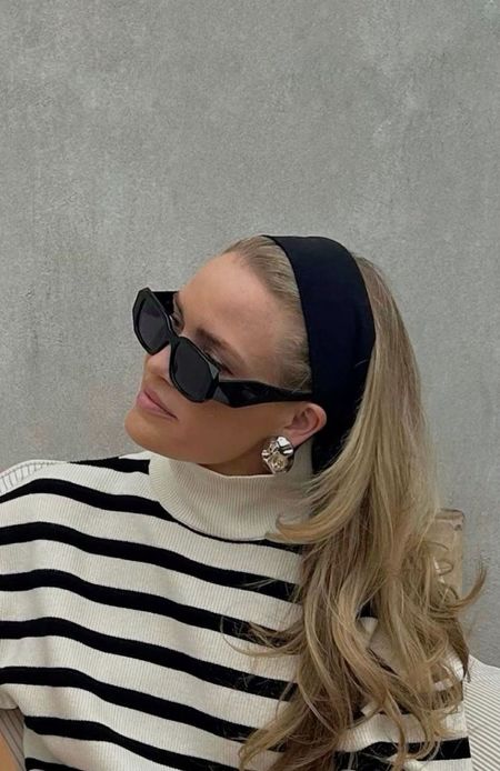 Black and white striped turtleneck, black headband, silver earrings and sunglasses. | 2024 spring outfit inspo  

Shop Prada dupe sunglasses and cloth headbands  on Amazon!

#LTKsalealert #LTKSeasonal #LTKfindsunder50