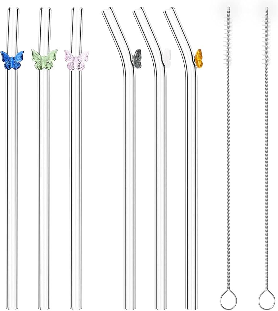 6PCS Reusable Glass Straw W/Design Glass Straw Butterfly ,Colorful Straws Cocktails Bar Accessories  | Amazon (US)