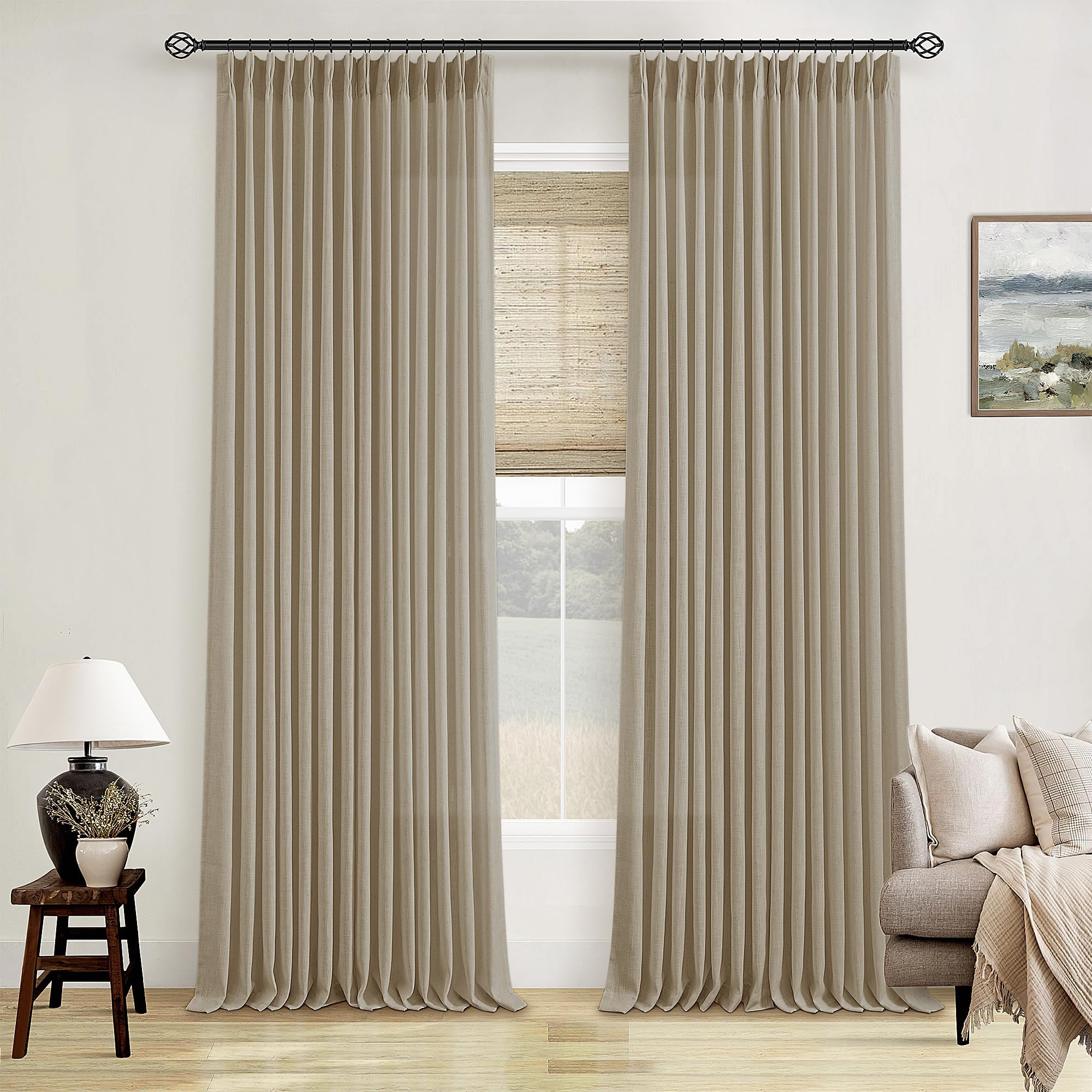 Neutral Pinch Pleated 96 Inch Curtains 2 Panels Set for Windows Flax Linen Textured Drapes Pinch ... | Amazon (US)