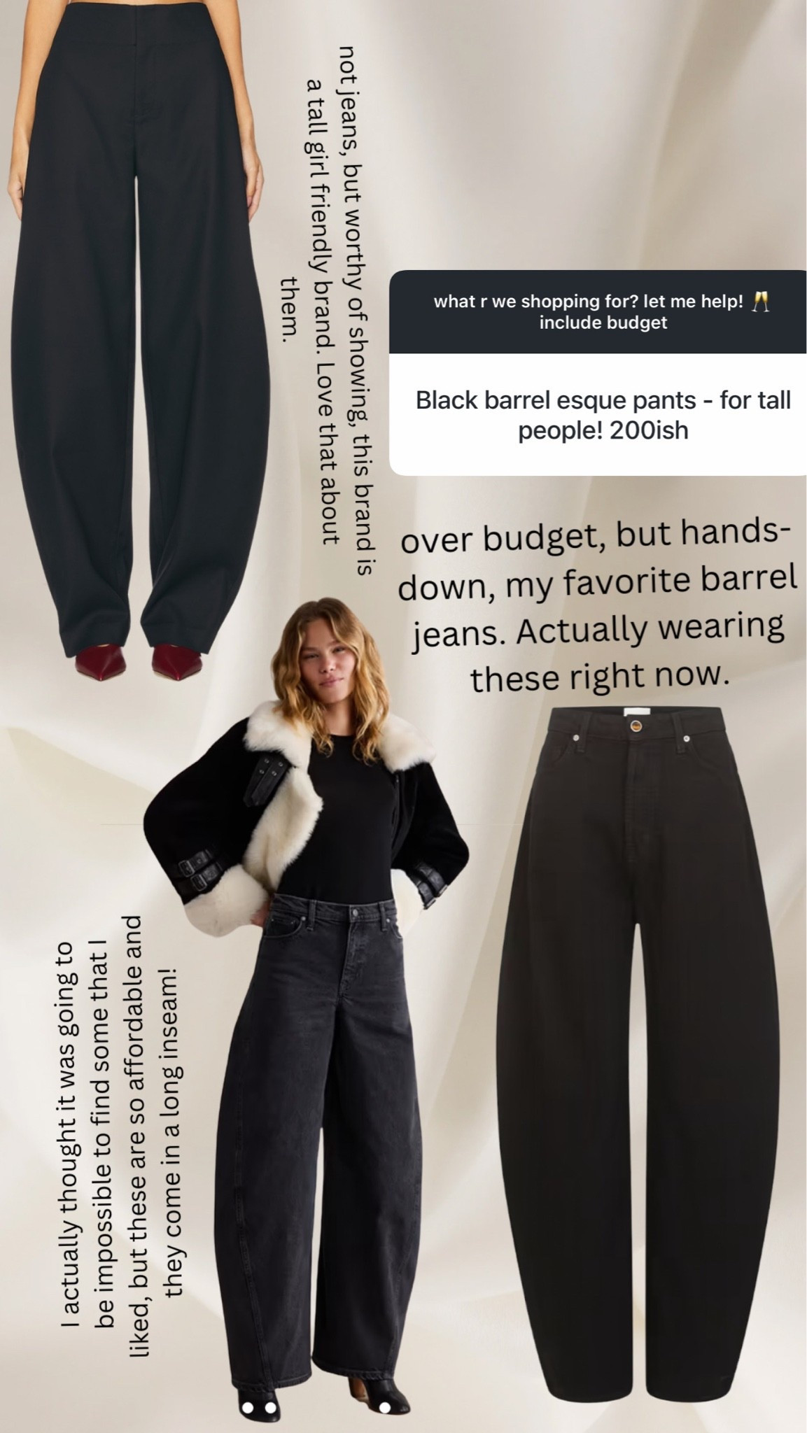Black barrel pants/jeans for tall girls. I’m 5’10. ￼

#LTKTall #LTKdayinmylife #LTKootd