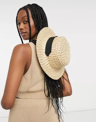 ASOS DESIGN two tone natural straw boater with undertie and size adjuster | ASOS (Global)
