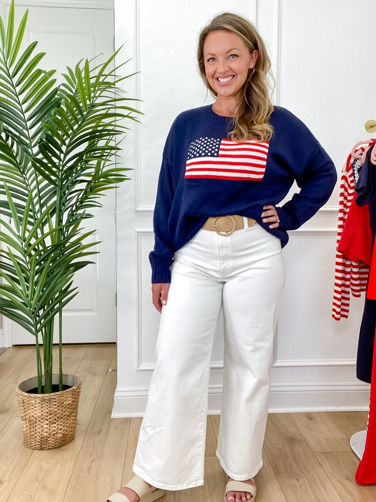 Red, white & coastal chic! 🇺🇸 This navy American flag sweater from Target paired with white wide leg sailor jeans is the perfect festive outfit for the 4th of July, beach bonfires, or summer getaways. I added straw accessories for that classic New England vibe—so cute, so comfy, and totally Target! Wearing size L  in the sweater (it runs TTS so I would get a M, the large is very oversized on me)  and size 10 in the jeans.

#TargetStyle #July4thOutfit #CoastalChic #NauticalStyle #TargetFinds #RedWhiteAndBlue #PreppyStyle #LTKHoliday #LTKSummer #TargetOutfit #SummerStyle #FourthofJulyFashion #AmericanaStyle #BeachOutfit #SailorJeans #StrawAccessories #LTKUnder50 

 #LTKSeasonal #LTKMidsize #LTKFindsUnder50