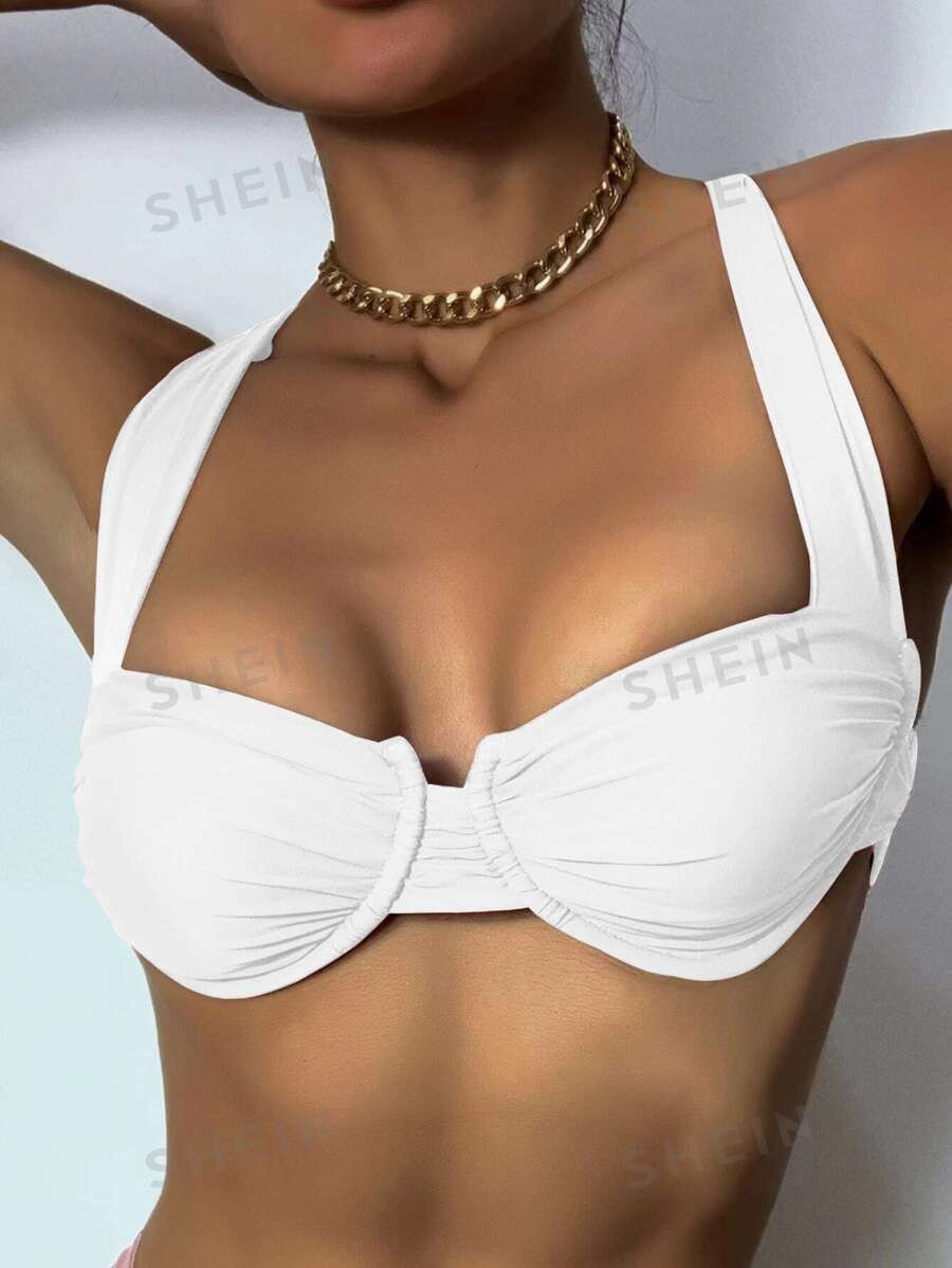 SHEIN Swim Summer Beach Ruched Crisscross Underwire Bikini Top | SHEIN