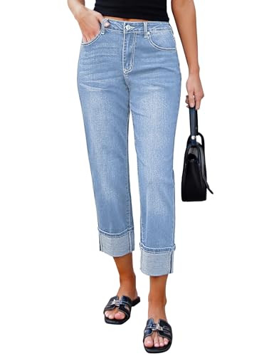 luvamia Straight Leg Jeans for Women Trendy Cropped High Waisted Cuffed Hem Stretchy Boyfriend Ca... | Amazon (US)