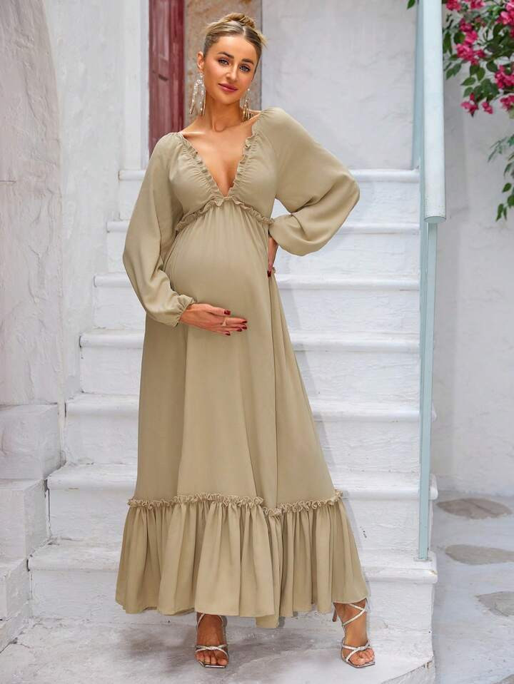 Joyfunear Pregnant Women Simple Decoration Deep V-Neck Lantern Sleeve Elegant Dress, Maternity Ph... | SHEIN