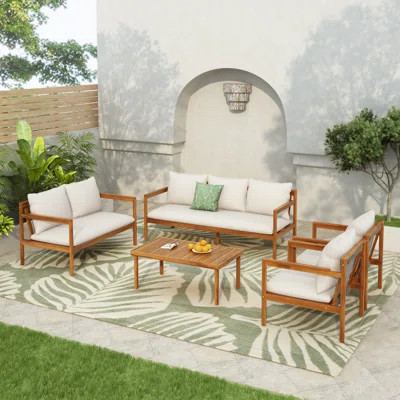 Drew Outdoor 5-Piece Acacia Wood Conversation Set With Rope Back & Cushions | Wayfair North America