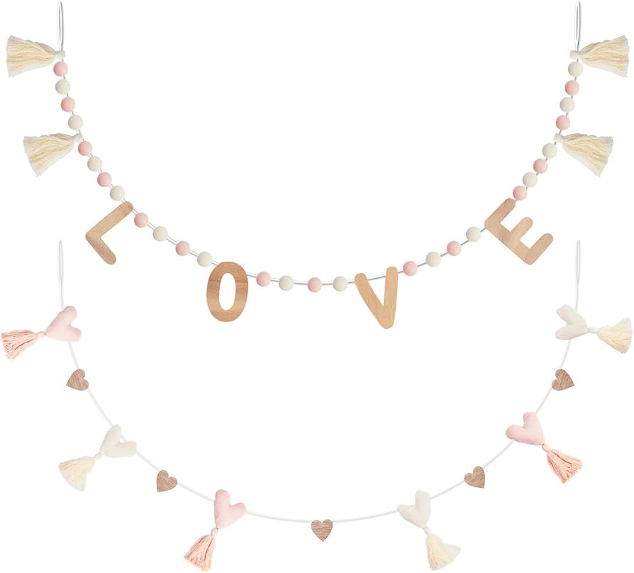 DN DECONATION 50 Inch Valentine Garland with Wood Love Letters, Pink White Pom Pom & Tassel Heart... | Amazon (US)