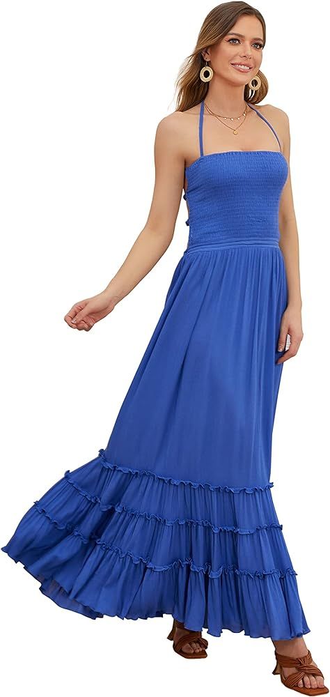 R.YIposha Women's Sleeveless Halter Beach Dresses Strappy Backless Bohemian Maxi Long Dress | Amazon (US)