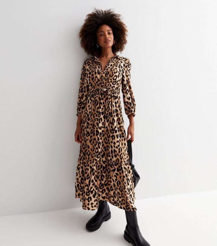Brown Leopard Print Belted Tiered Hem Midi Shirt Dress
						
						Add to Saved Items
						Remo... | New Look (UK)