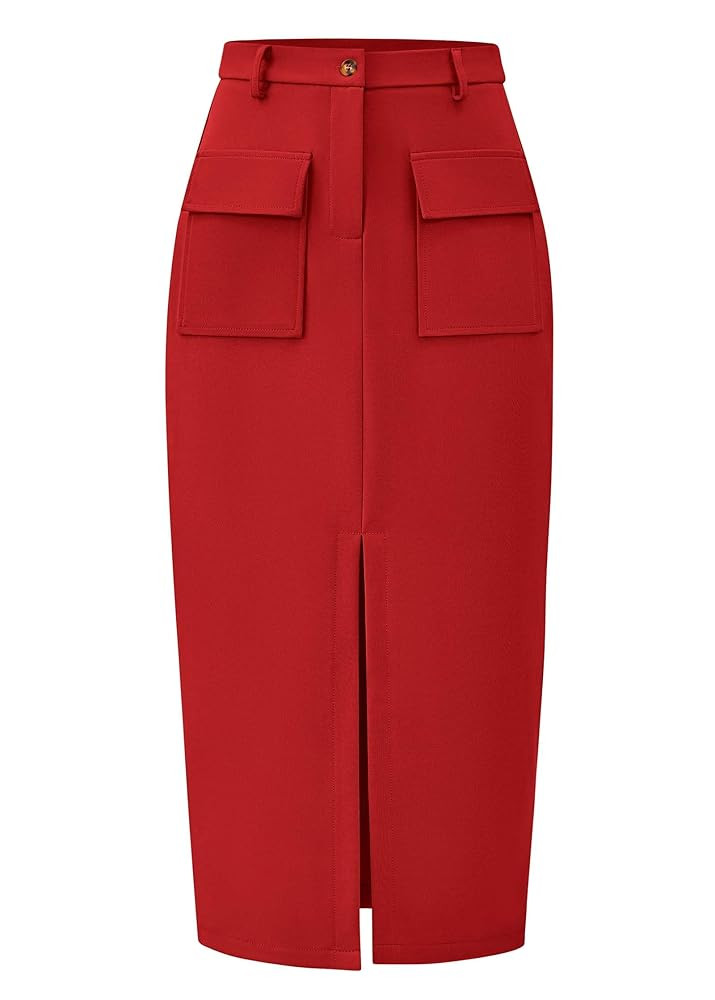 KIRUNDO Women High Waisted Cargo Midi Skirt Trendy Summer Fall Spring Pencil Slit Dressy Casual B... | Amazon (US)