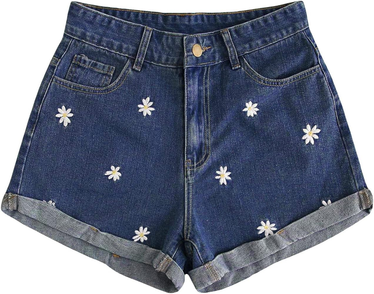 Verdusa Women's Floral Embroidery High Waist Roll Up Denim Shorts | Amazon (US)
