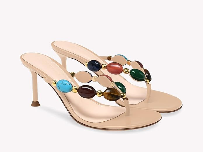 Coutgo Womens Jeweled Heeled Sandals Kitten Heel Starppy Flip Flop Backless Open Toe Slides Boho ... | Amazon (US)