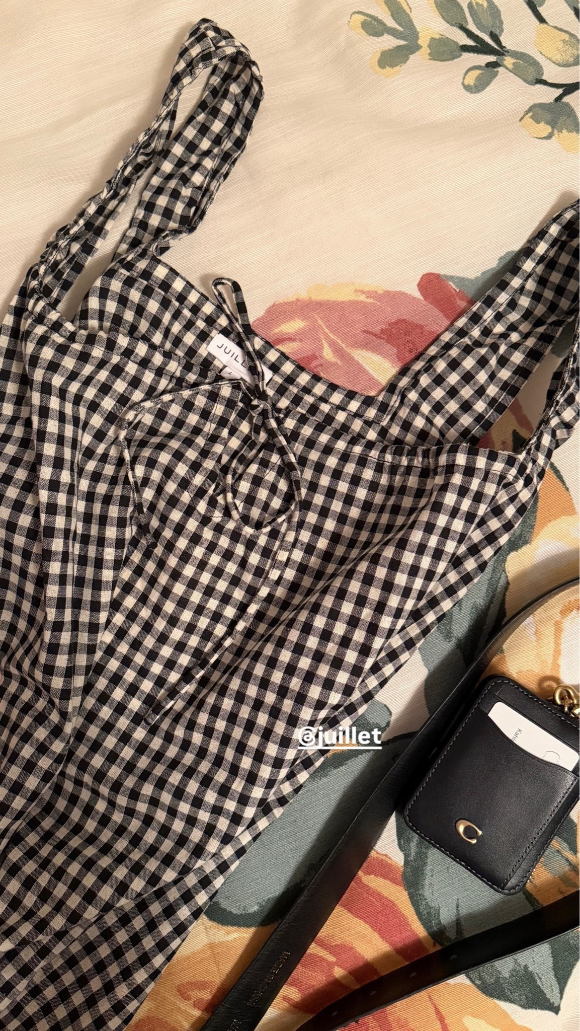 spring gingham dress, gingham dress outfit, spring dress outfit, black Coach wallet, Coach wallet, designer wallet, classic wallet, black wallet, spring outfit idea, spring outfit, brunch outfit idea, casual spring dress, dress outfit inspiration, gingham style, everyday dress outfit, spring accessories, classic accessories, affordable spring style, LTK outfit finds, LTK accessories