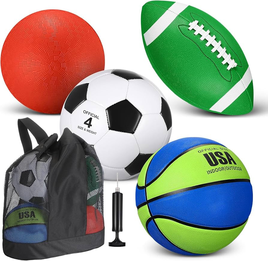 Deekin 4 Pcs Sport Balls Set for Kids Teens, Include Size 5 Basketball 4 Soccer 6 Football Playgr... | Amazon (US)