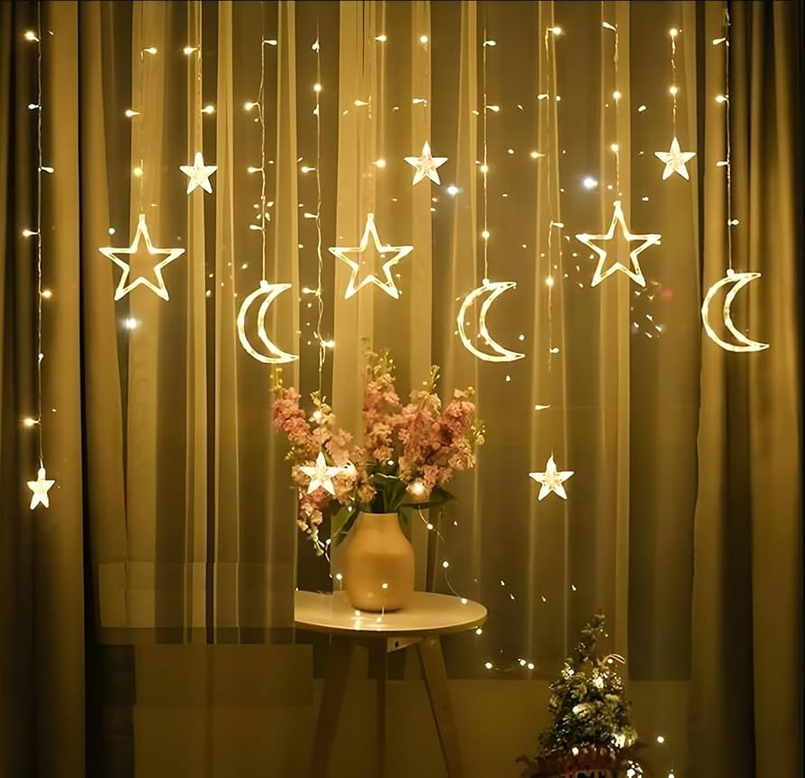 Deyaah 3.5m Star Moon Curtain String Light, LED Christmas Fairy Lights, Waterproof Hanging Window... | Amazon (UK)