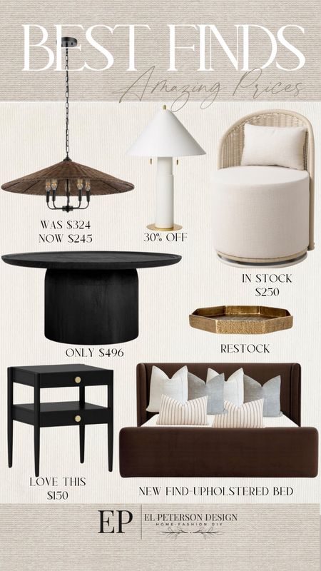 Pendant light
Table lamp
Coffee table
Accent table
Pillow covers
Upholstered bed
Brass tray


#LTKhome