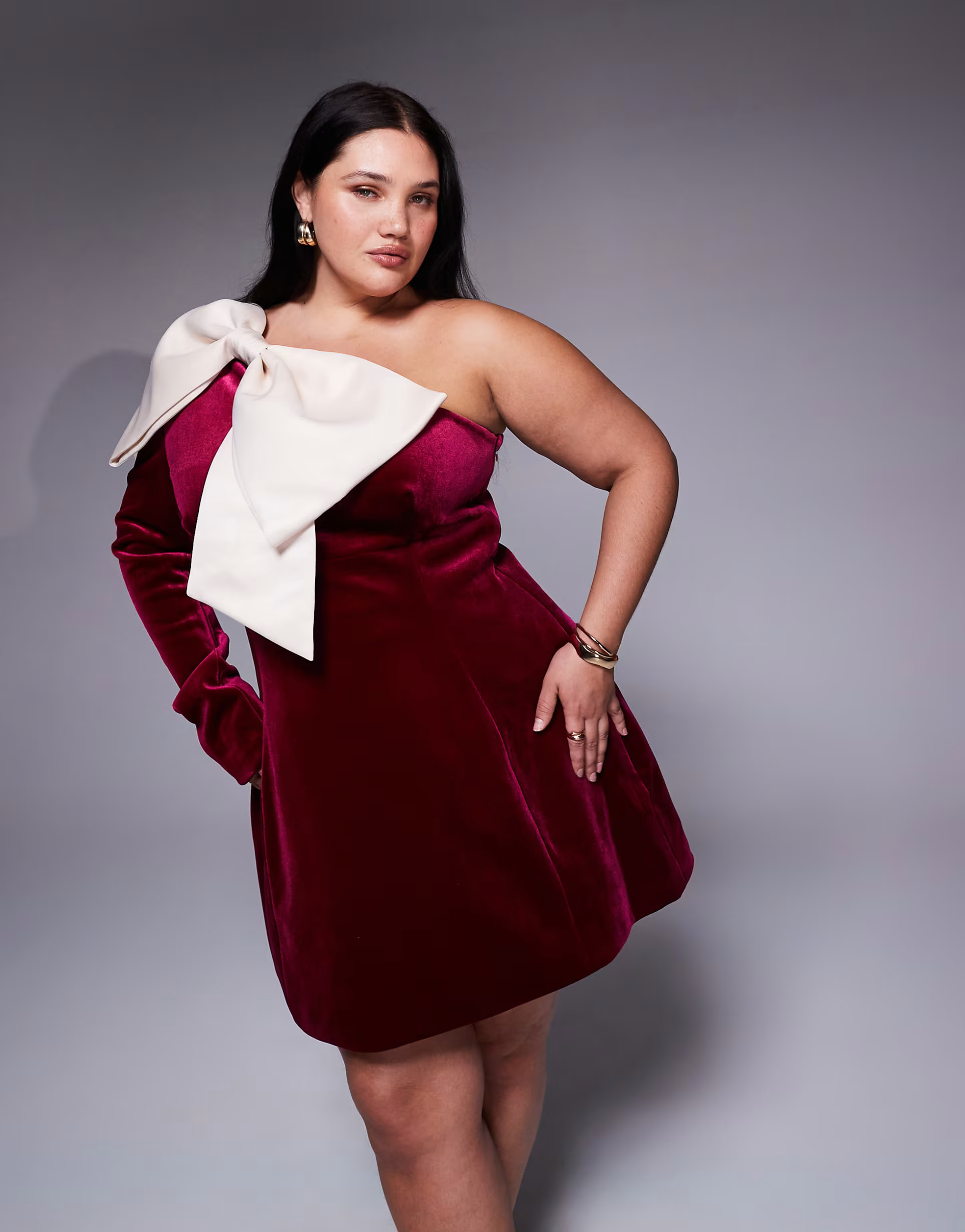 ASOS LUXE Curve one shoulder velvet mini dress with bow detail in burgundy | ASOS (Global)