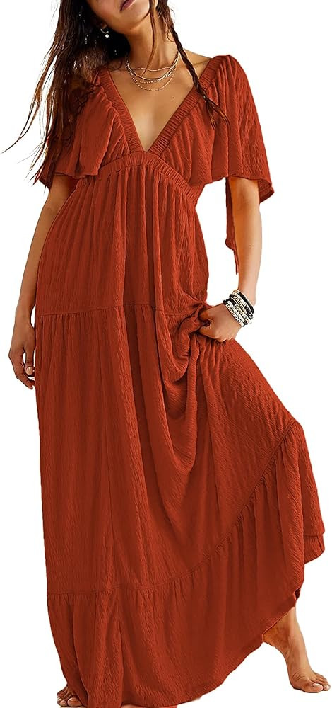 Summer Dresses for Women 2024 Sexy V-Neck Maxi Dress Tiered Silhouette with Flutter Sleeves Backl... | Amazon (US)