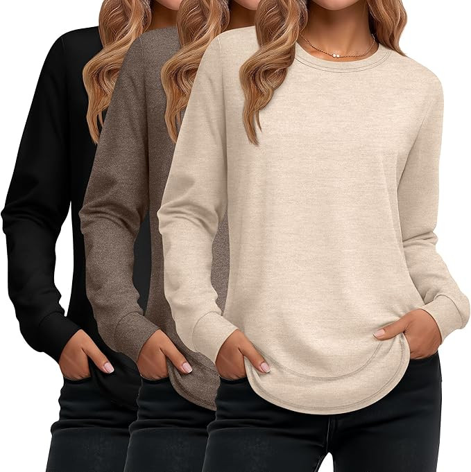 Ficerd 3 Pack Women's Long Sleeve Shirts, Cotton Crew Neck Tunic Tops Casual Loose Fit Pullover S... | Amazon (US)