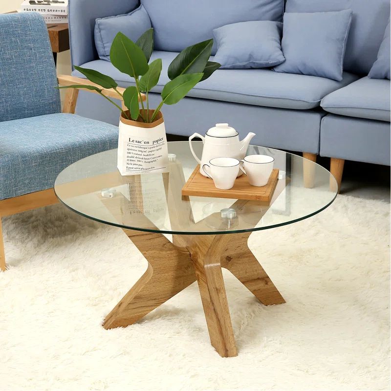 Ivy Bronx Cambridgeshire Round Coffee Tables with Natural Wood Frame and Tempered Glass Top Cente... | Wayfair North America