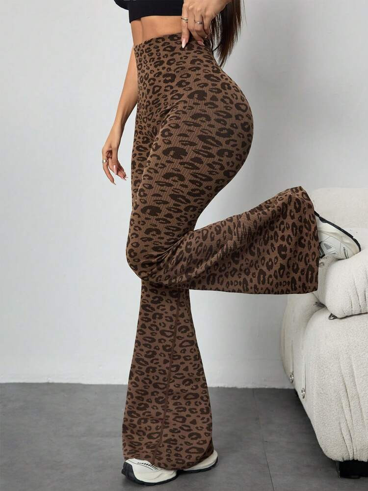 1pc Seamless Leopard Print Sports Flare Pants, High Waist Tight Yoga Leggings, Ribbed Casual Trousers, Outdoor Casual Skinny Flare Pants | SHEIN