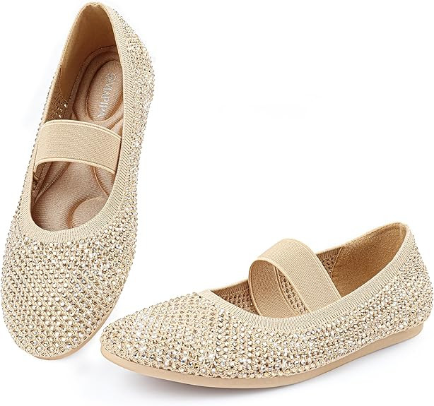 Ballet Flats Shoes for Women with Rhinestone Knit Flat Shoes Sparkly Embellished Memory Foam Elas... | Amazon (US)