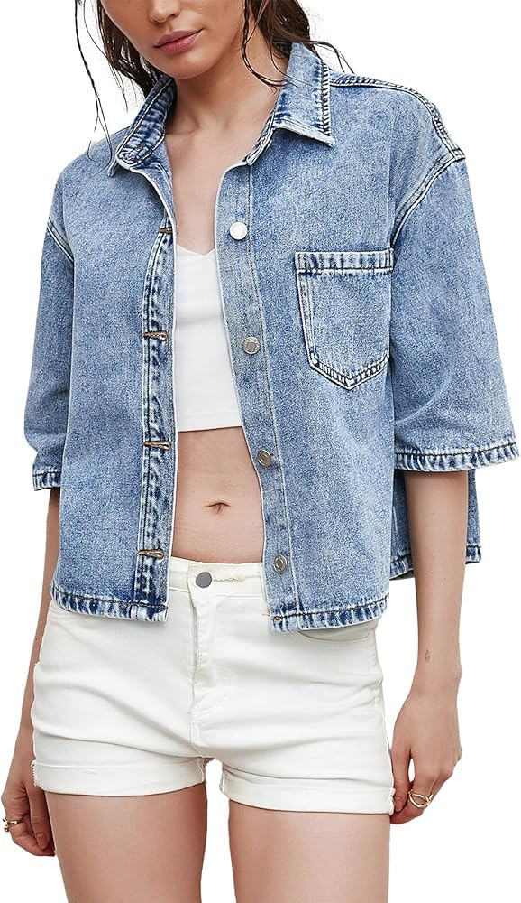 Kedera Women Denim Shirt Tops Short Sleeve Button Down Spring Casual Jean Coat Trendy Jacket Shac... | Amazon (US)