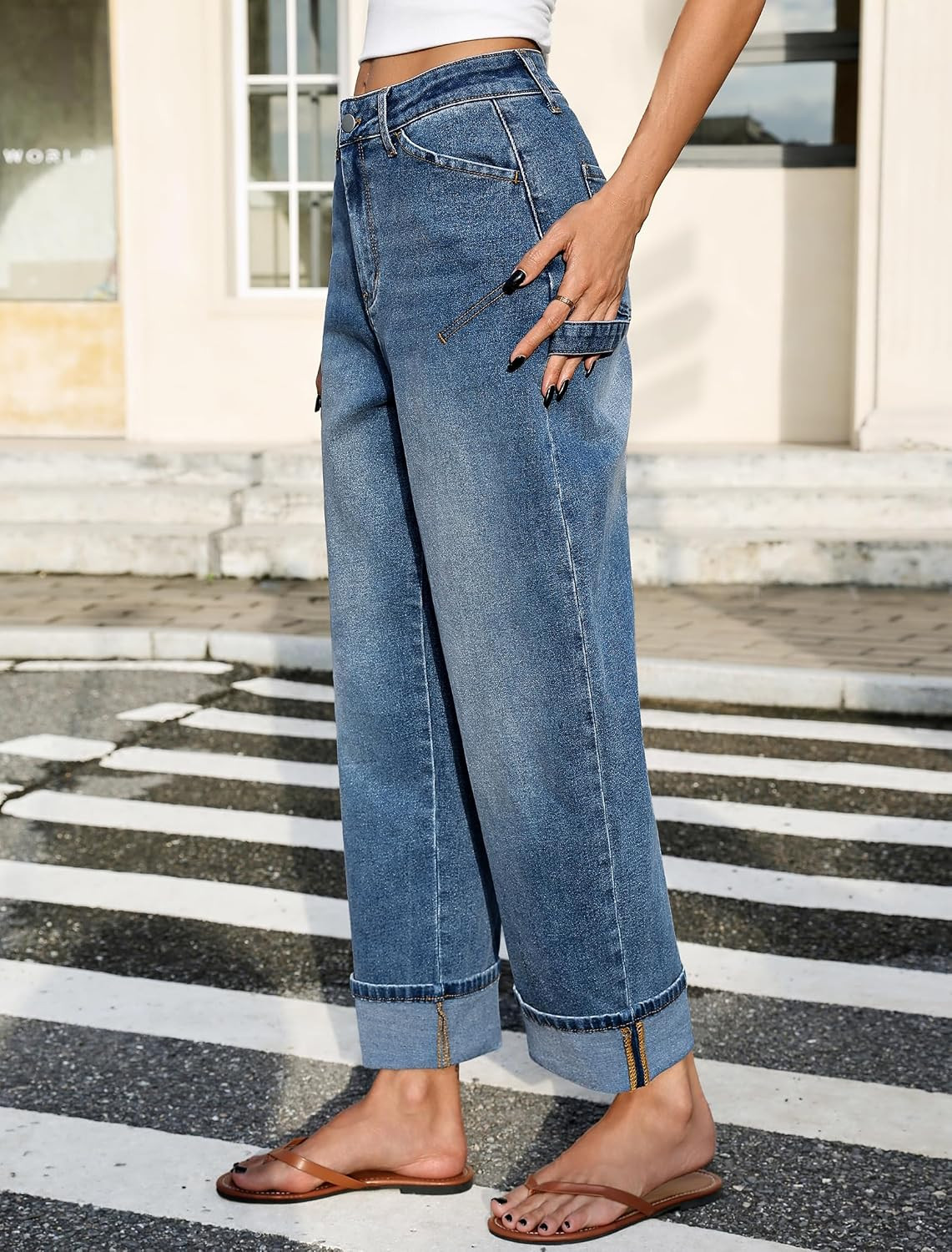 Women's Mid Rise Rolled-Up Barrel Jeans Wide Leg Distressed Denim Pants | Amazon (US)