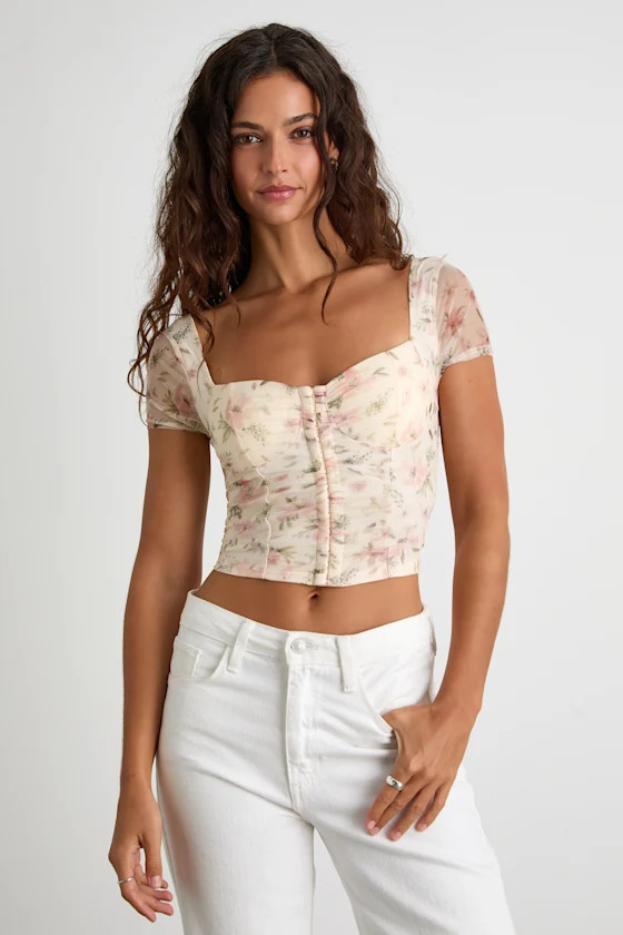 Sweeter Vibes Cream Floral Mesh Short Sleeve Bustier Crop Top | Lulus