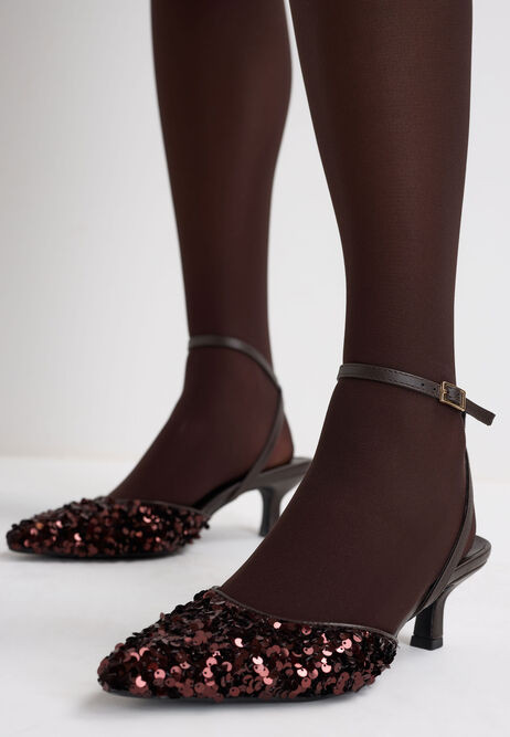 Womens Brown Sequin Kitten Heel Slingback Pumps | Peacocks