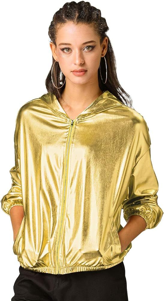 Allegra K Women's Holographic Shiny Long Sleeve Zipper Hooded Metallic Jacket | Amazon (US)