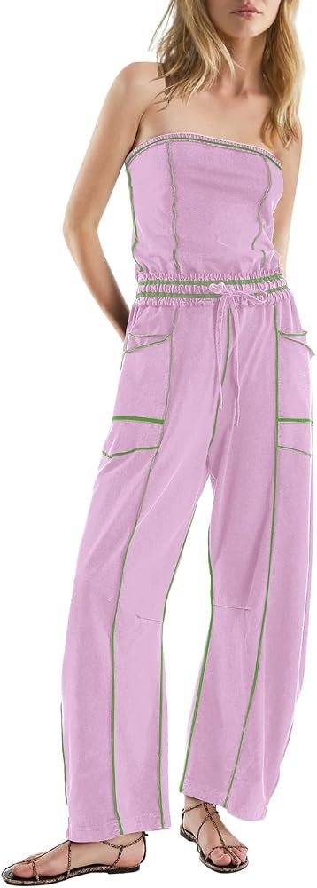 Womens Casual Strapless Jumpsuits off the Shoulder Summer Rompers Sleeveless One Piece Outfits wi... | Amazon (US)