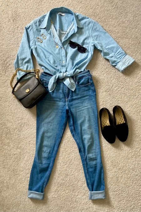 Spring comfy casual ootd. Jeans. Blue button down top. Black loafers. Coach bag. Black sunglasses. Gold jewelry. 

#LTKSeasonal #LTKstyletip #LTKmidsize