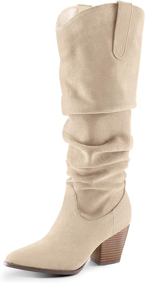 mysoft Women's Cowboy Knee-High Boots Pointed Toe Mid Chunky Heel Pull On Slouchy Boots with Zipp... | Amazon (US)