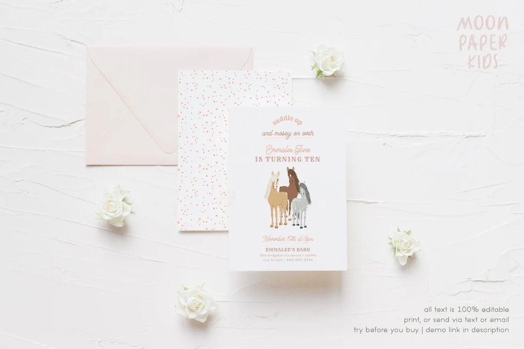 horse birthday invitation template, diy editable template | rosie | Etsy (CAD)