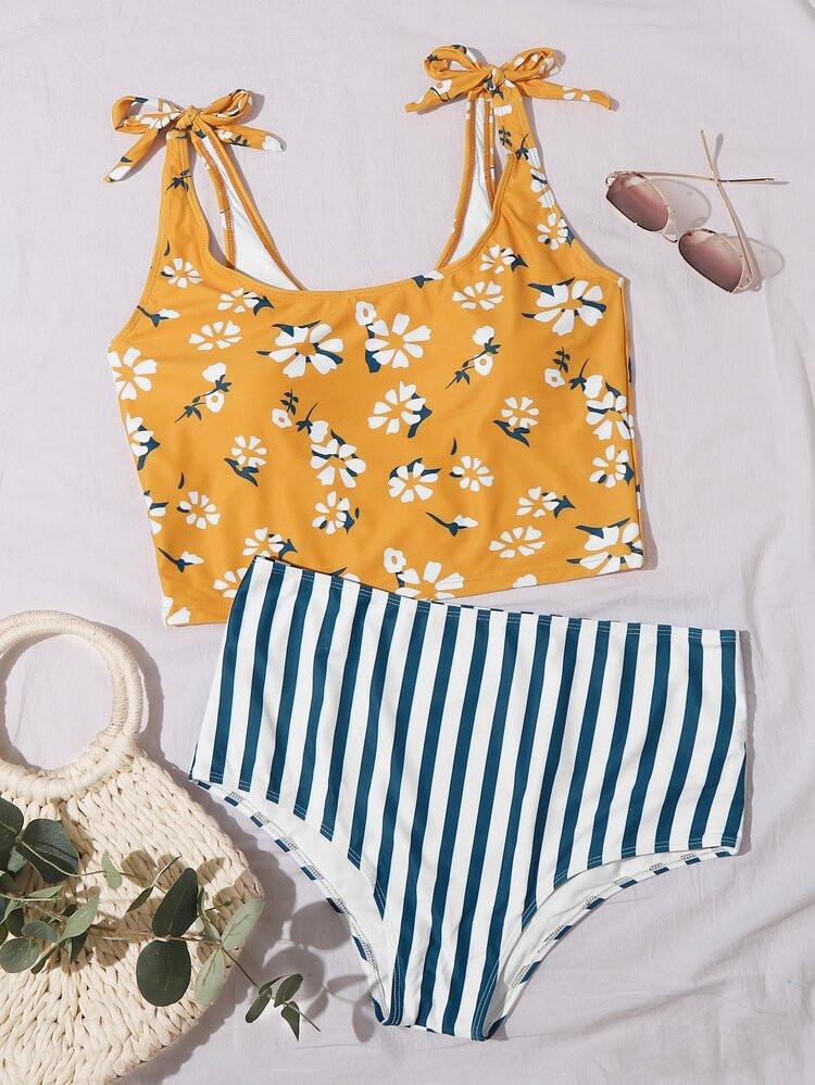Plus Floral & Striped Print Bikini Swimsuit | SHEIN