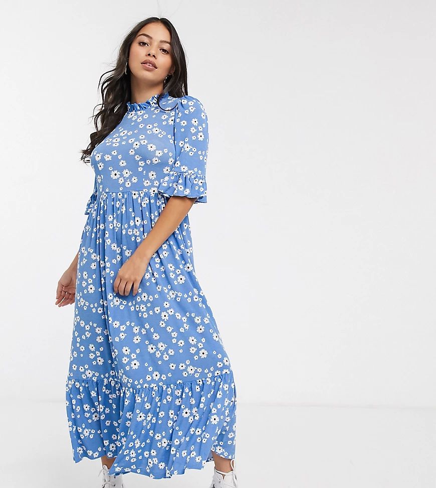 ASOS DESIGN Petite daisy tiered smock dress in blue-Multi | ASOS (Global)