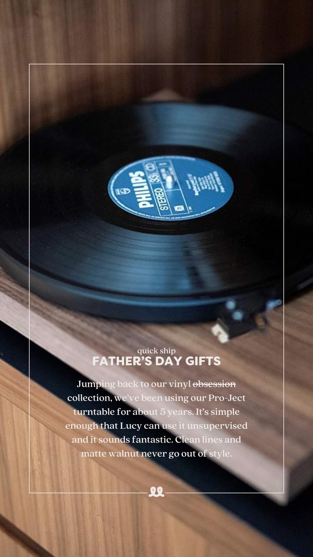 Jumping back to our vinyl collection, we’ve been using our Pro-Ject turntable for about 5 years. It’s simple enough that Lucy can use it unsupervised and it sounds fantastic. Clean lines and matte walnut never go out of style.

#LTKHome #LTKMens