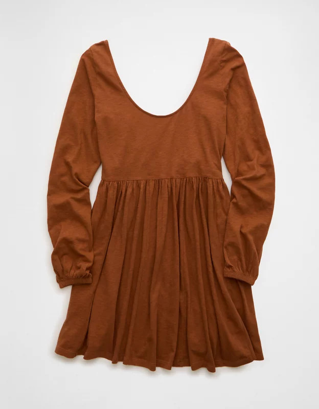 AE Sunchaser Knit Long-Sleeve Scoop Neck Mini Dress | American Eagle Outfitters (US & CA)